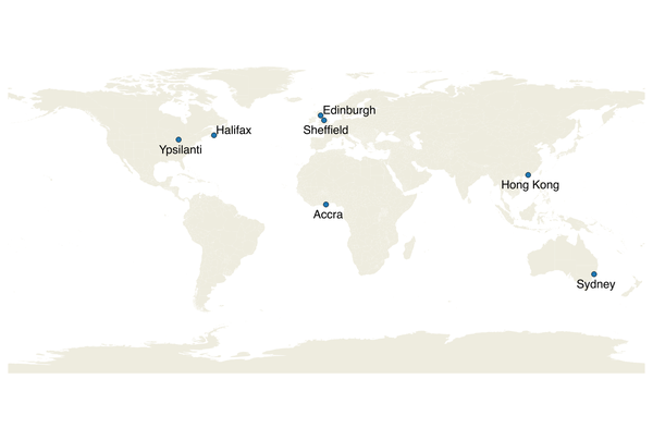 World map with markers indicating international partner universities