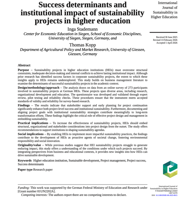 Success determinants and institutional impact of sustainability projects in higher education