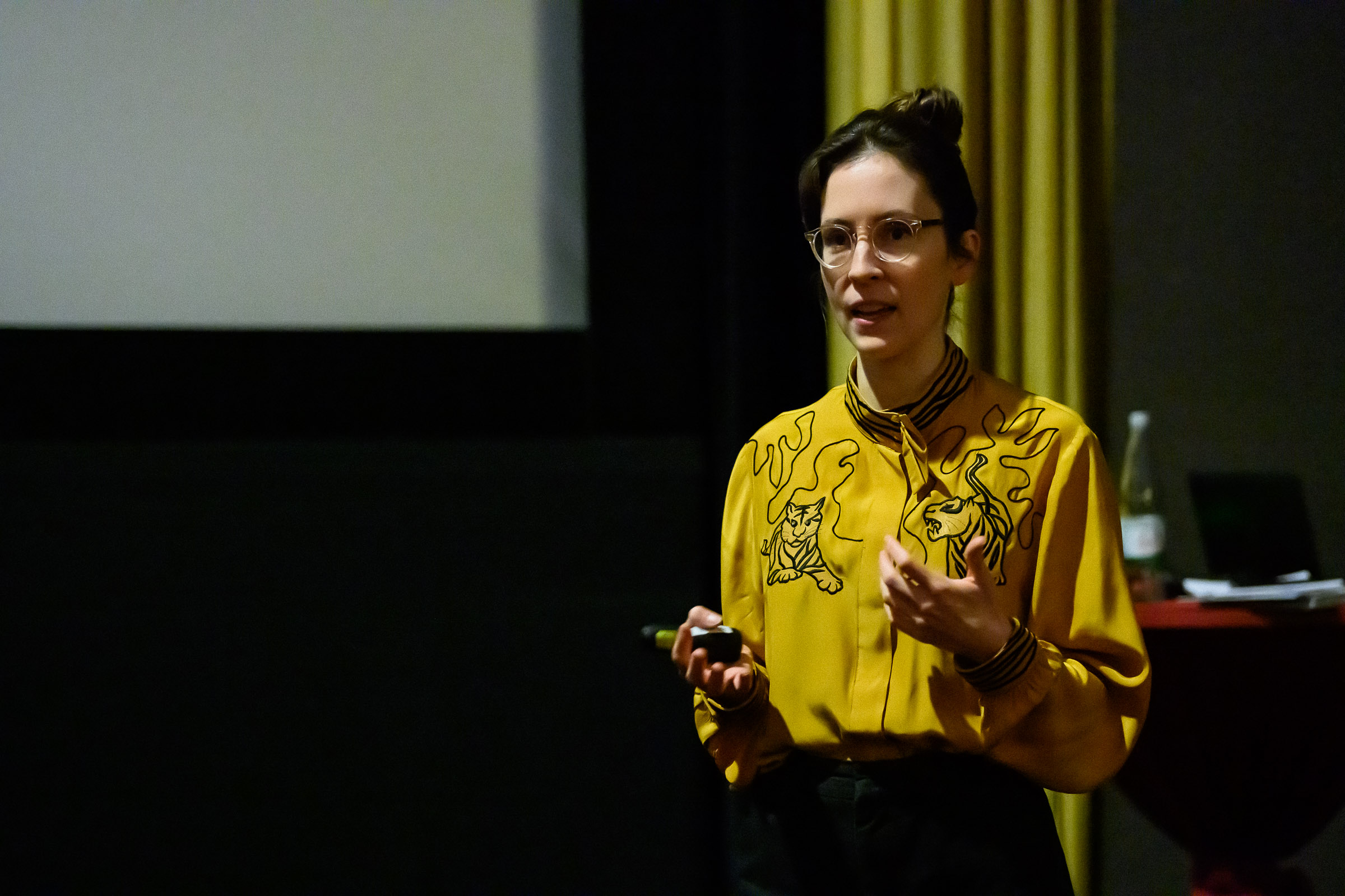 O'Carroll delivering the artist talk at the movie screening of Last Things at Kinocenter Giessen © Moritz Bernoully