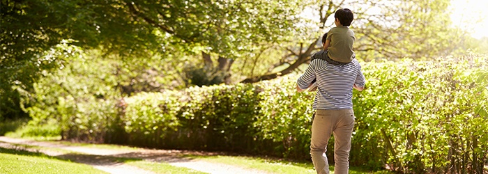 Photo: Rear view of adult with kid on shoulder walking along a path
