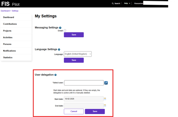 User delegation Screenshot 'My settings' User delegation