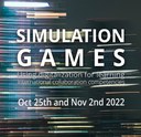 Distorted lighting effects, white letters saying Simulation Games