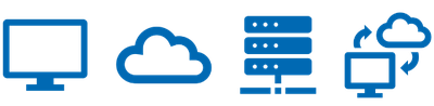 Vier Icons stehen für die vier benannten Softwarearten: Ein Bildschirm-Icon für Desktopsoftware oder Clientsoftware, ein Wolke-Icon für Webanwendung oder browserbasierte Software, ein Server-Stack-Icon für Serversoftware oder Serverapplikation und Icons eines Bildschirms und einer Wolke mit Pfeilen zu einem Kreislauf verbunden für hybride Softwarelösungen, das heißt eine Kombination lokal und Cloud.